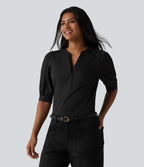 Blouse décontractée col Henley manches bouffantes mi-longues