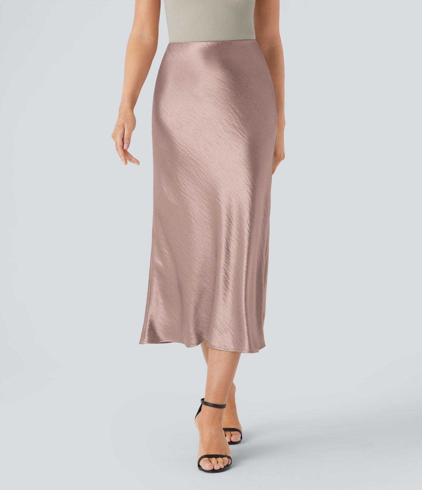 Jupe de midi sirène en satin taille haute avec fermeture éclair invisible