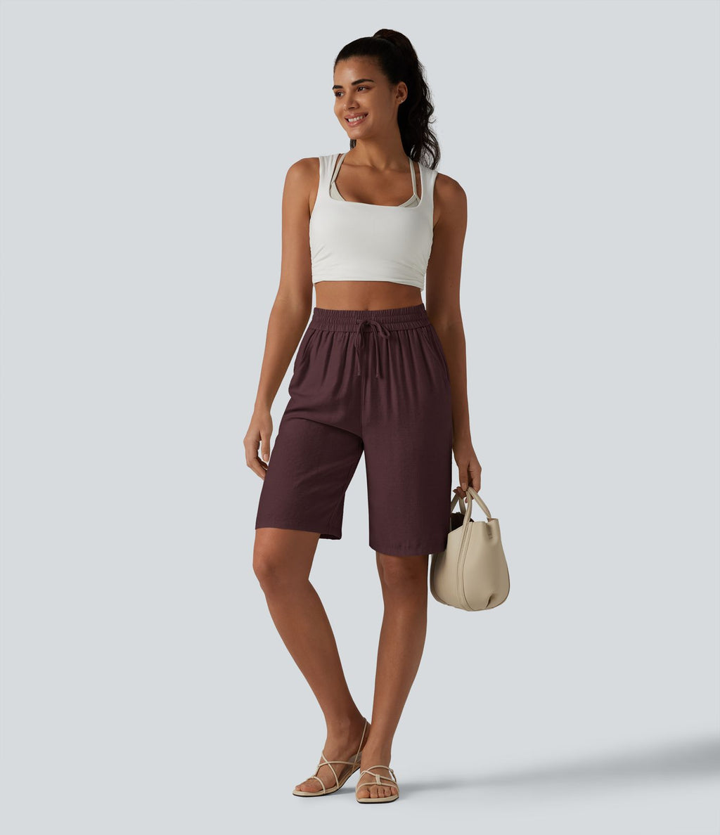 Short décontracté taille haute en lin mélangé avec cordon de serrage et poches, 25 cm