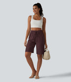 Short décontracté taille haute en lin mélangé avec cordon de serrage et poches, 25 cm