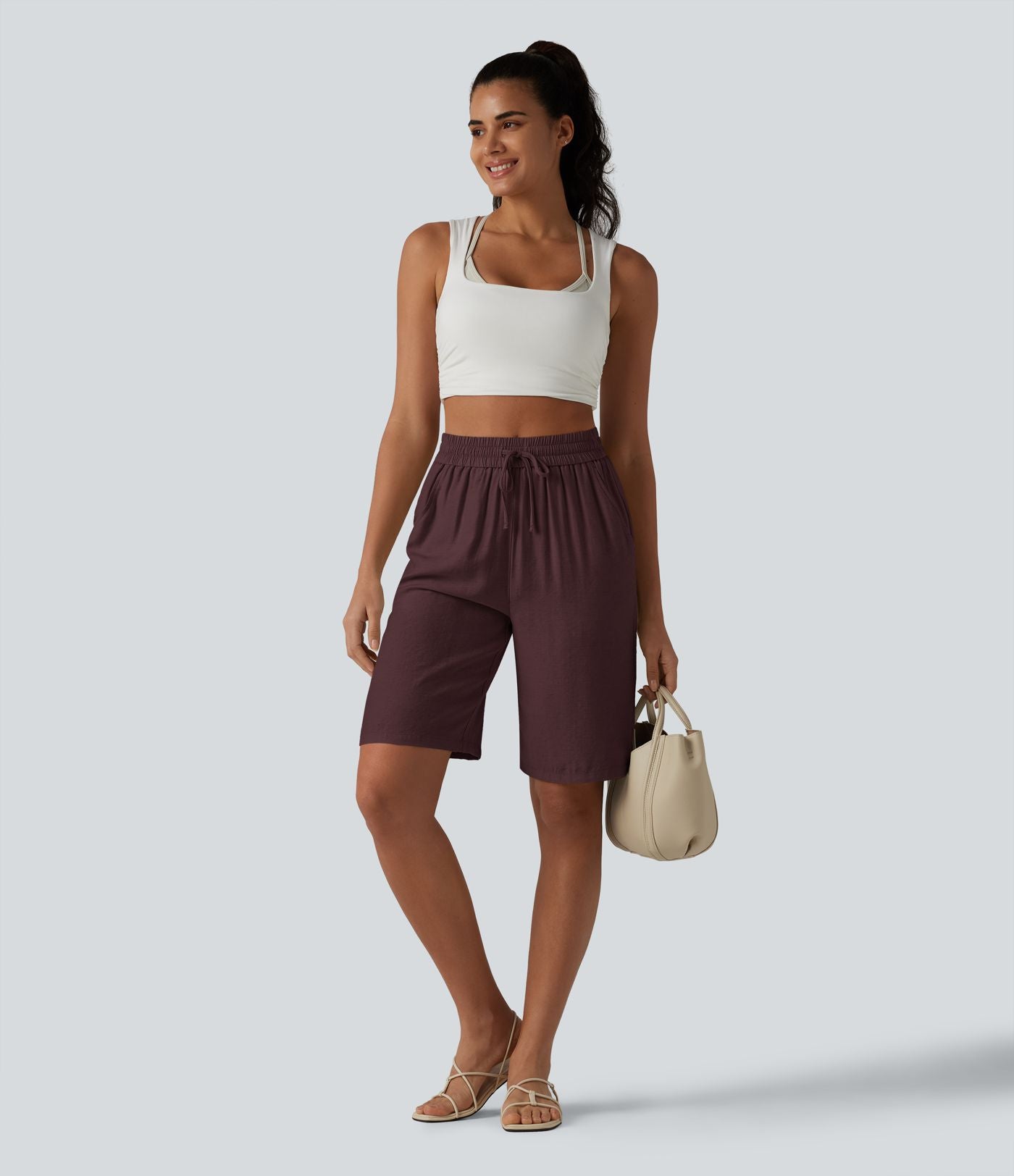 Short décontracté taille haute en lin mélangé avec cordon de serrage et poches, 25 cm
