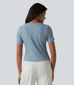 T-shirt décontracté col rond manches courtes froncé ourlet asymétrique