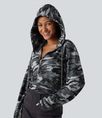Sweat-shirt décontracté court à capuche, manches longues, motif camouflage et tissu gaufré