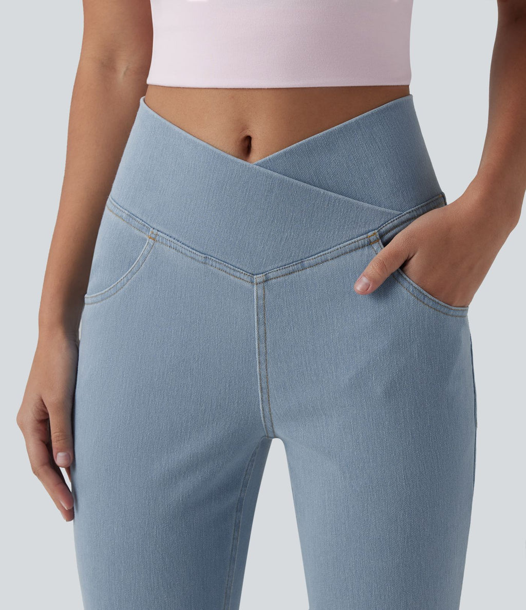 Halara Flex™ - Jean Ultra Evasé Tricot Extensible Lavé Poches Croisées Taille Haute