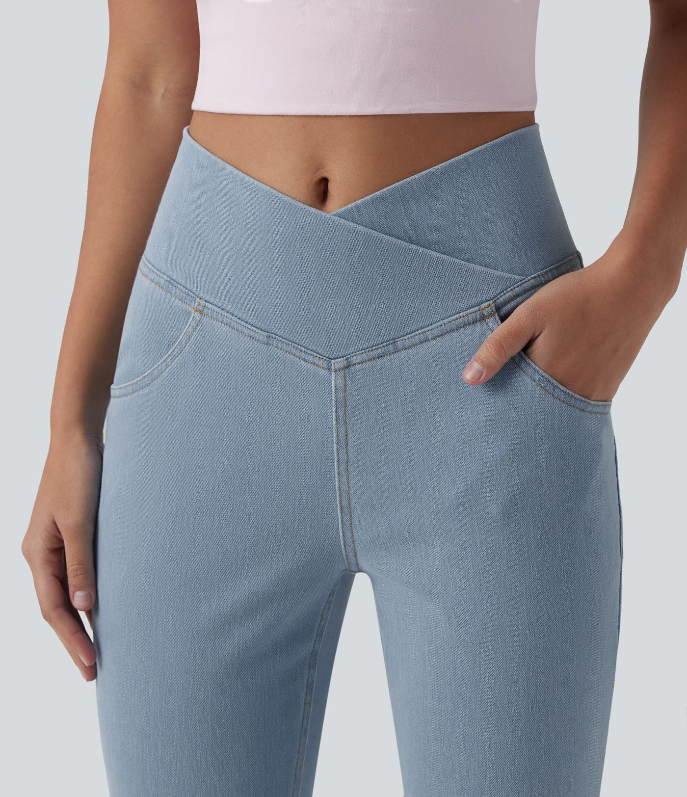 Halara Flex™ - Jean Ultra Evasé Tricot Extensible Lavé Poches Croisées Taille Haute