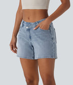 Short asymétrique en jean délavé Halara Flex™ taille basse à poches multiples