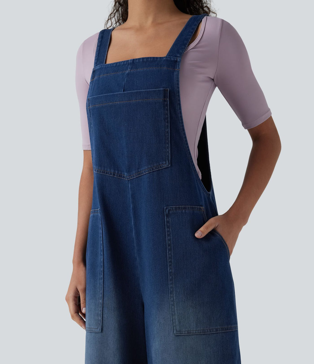 Salopette denim Halara Flex™ col carré effet délavé avec poches