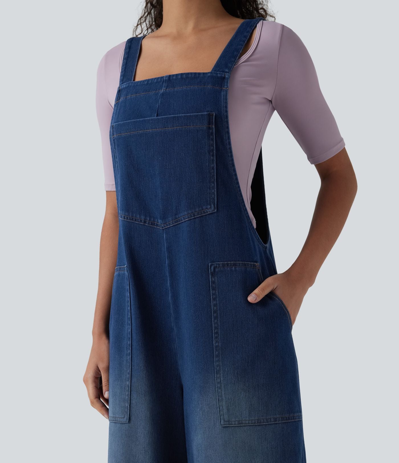 Salopette denim Halara Flex™ col carré effet délavé avec poches