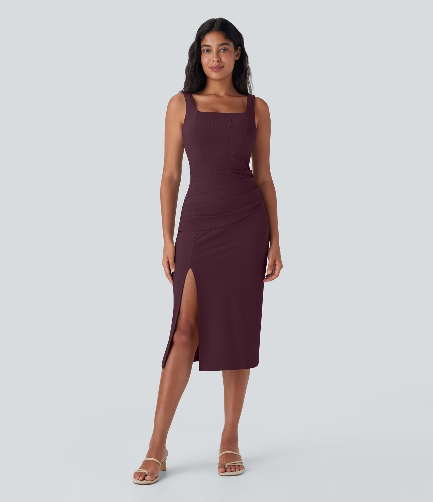 Robe moulante mi-longue SoftlyZero™ Airy col carré corset froncée effet frais InstantCool, bonnets E-G