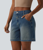 Short denim ample décontracté Halara Flex™ délavé taille mi-haute ourlet roulotté avec poches