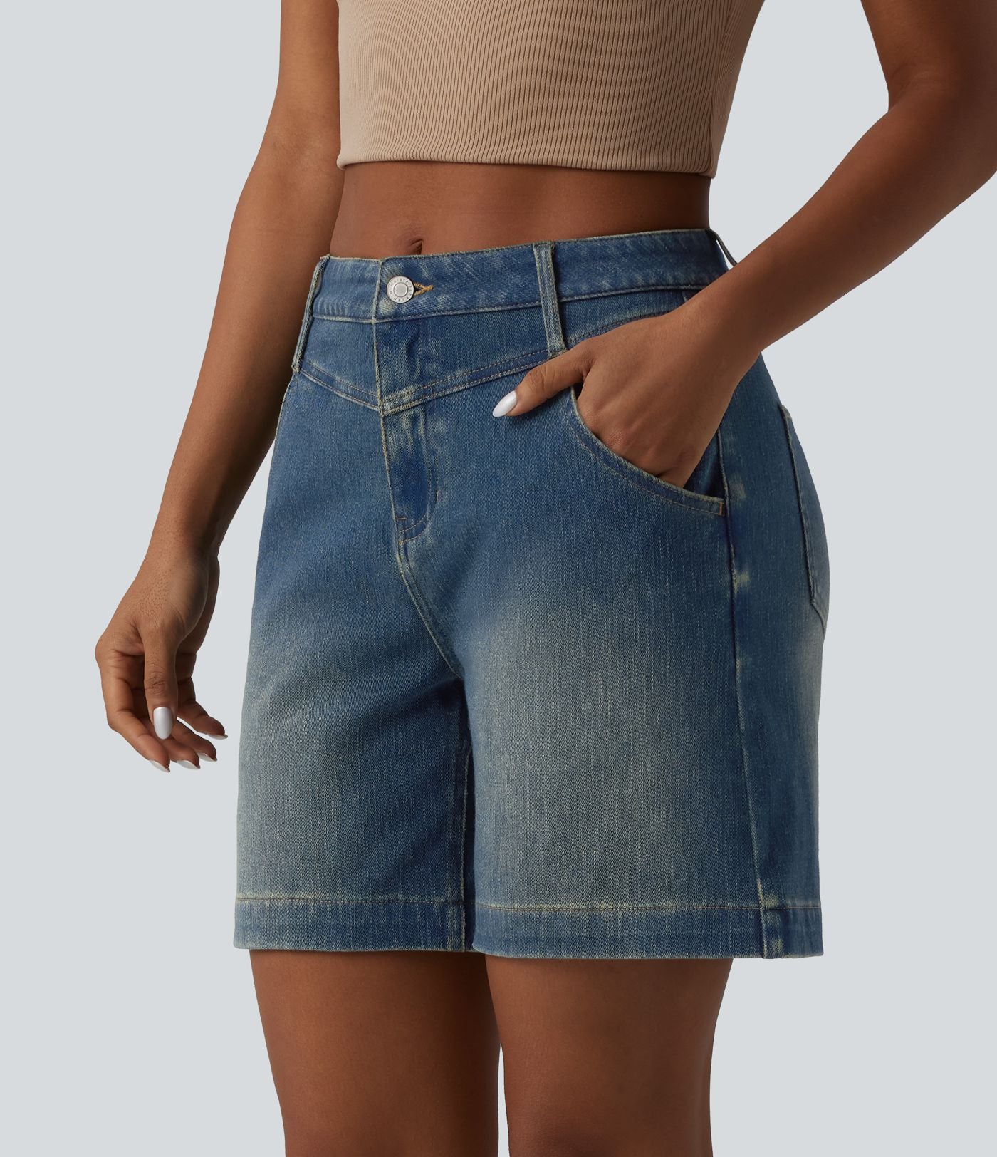 Short denim ample décontracté Halara Flex™ délavé taille mi-haute ourlet roulotté avec poches