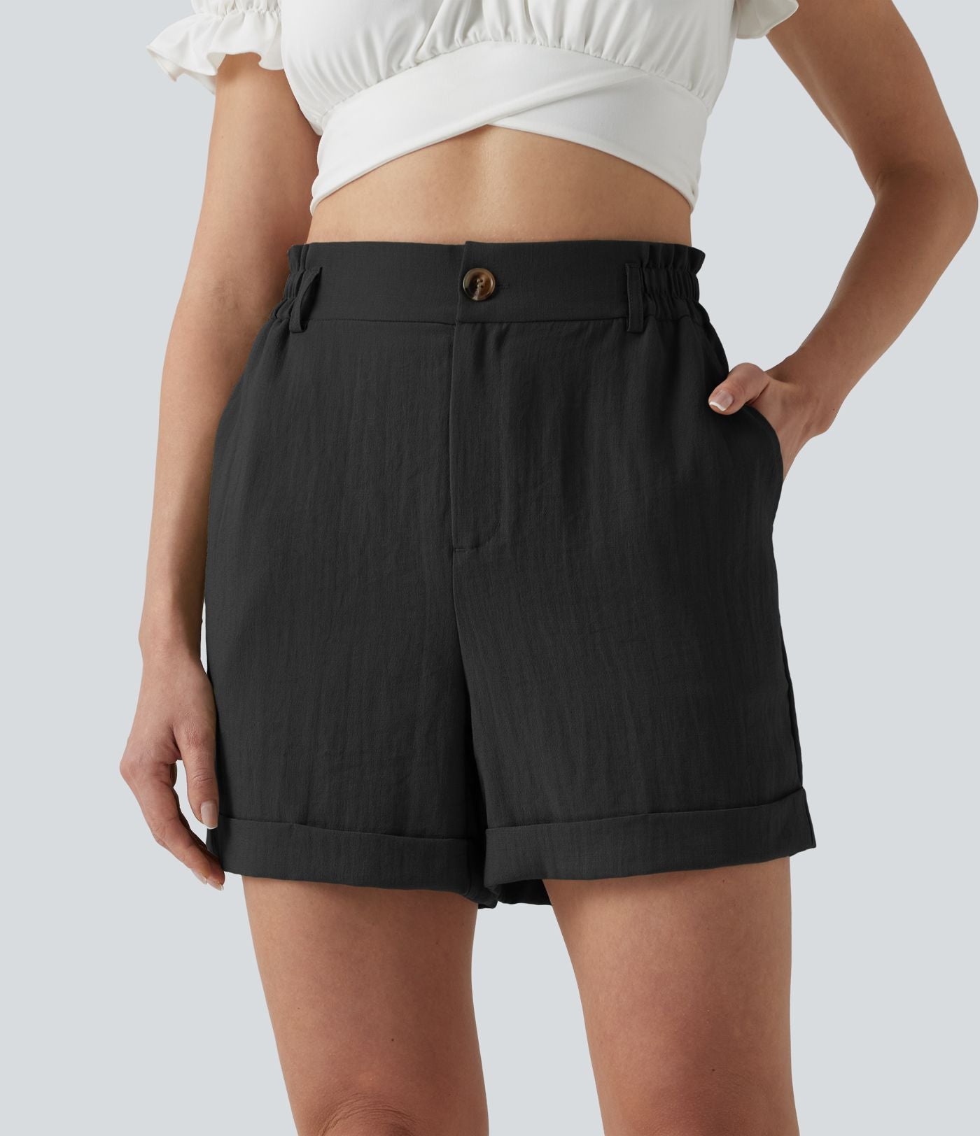 Short resort 12,5 cm taille haute effet lin avec ourlet roulotté et poches