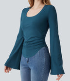 T-shirt en maille côtelée décolleté carré manches à volants froncé ourlet arrondi