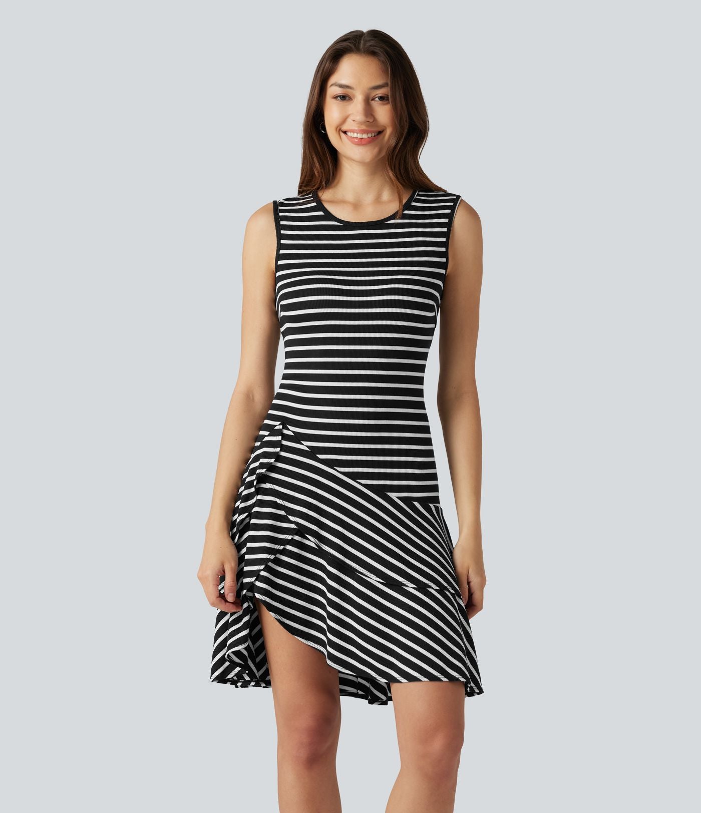 Robe mini décontractée à rayures col rond sans manches ourlet à volants superposés en maille côtelée