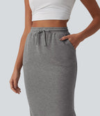 Jupe crayon casual mi-longue taille haute avec cordon de serrage et poches