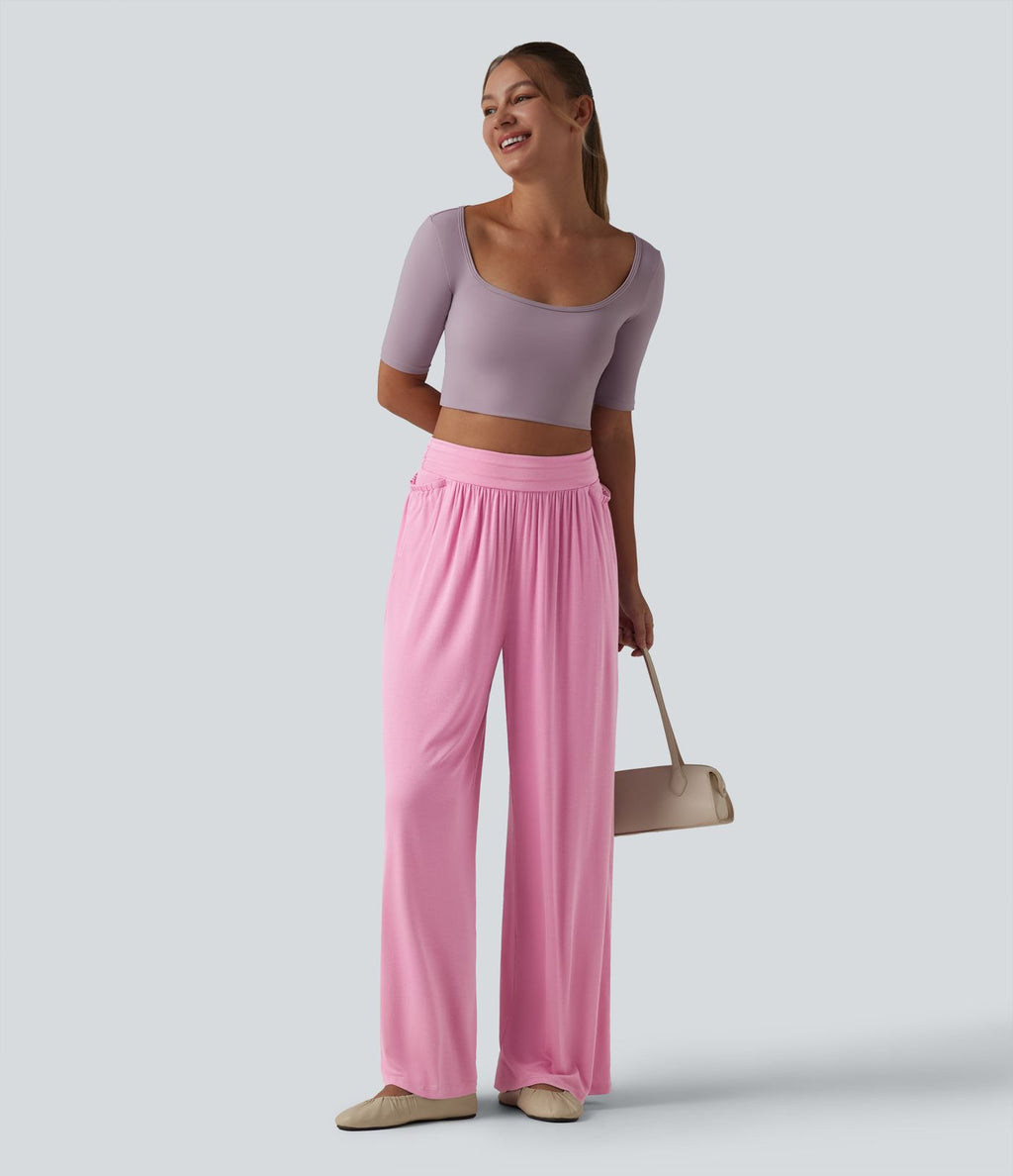 Pantalon ample décontracté côtelé taille haute ventre plat avec poches