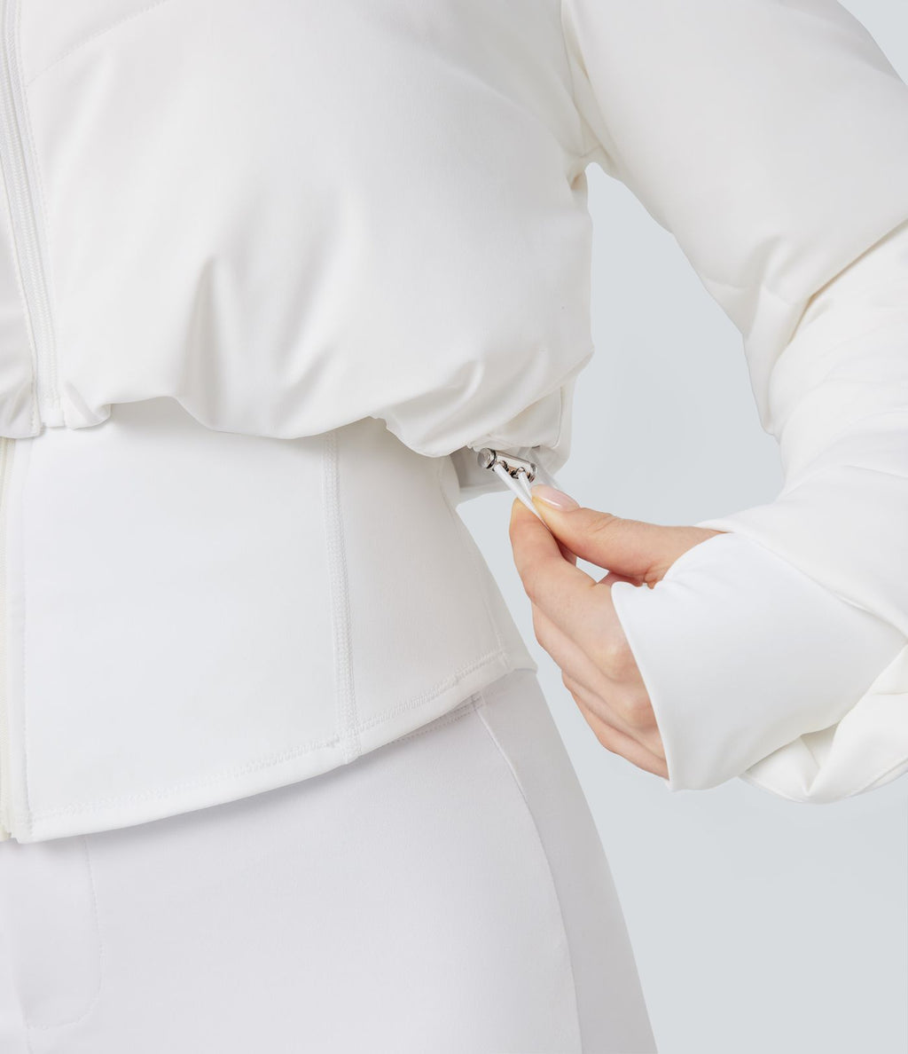 PuffFlex Manteau doudoune 3-en-1 court casual à col montant et veste à ourlet arrondi avec passants pouces et poche