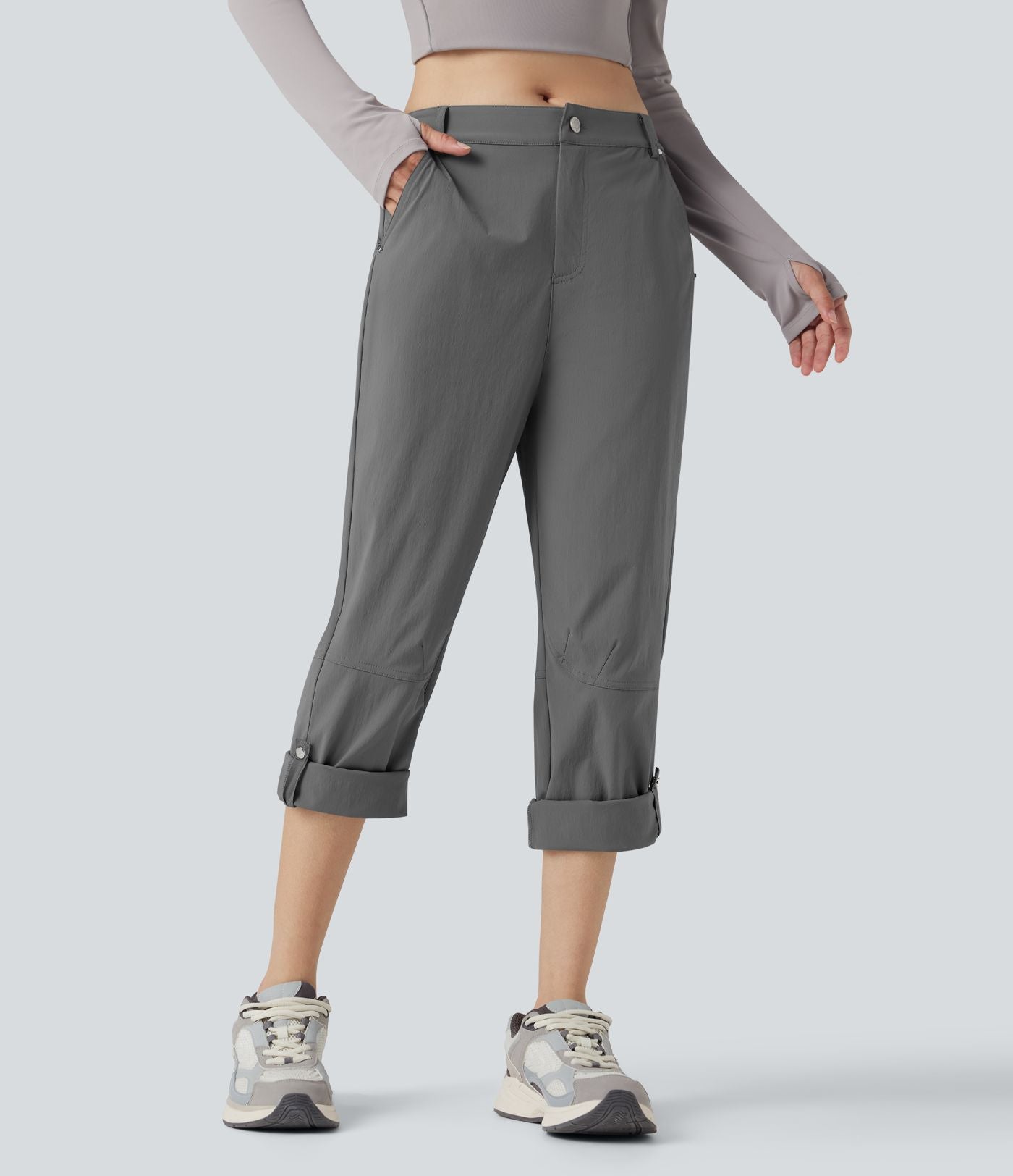 Pantalon de randonnée déperlant taille mi-haute coupe droite avec poches - longueur ajustable