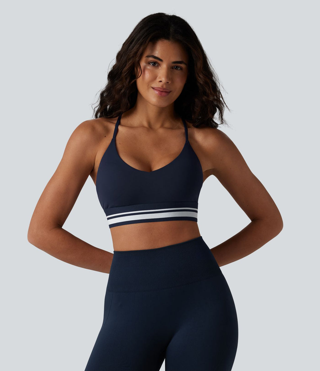 Brassière de sport SoftlyZero™ Plush à maintien léger, dos croisé ouvert, rayures color block et soutien intégré