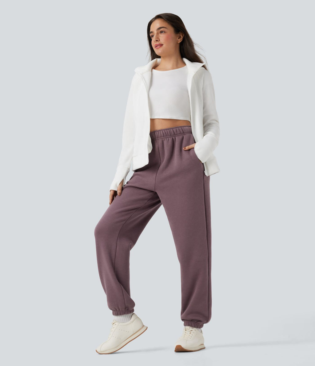 Jogging décontracté polaire taille haute avec cordon de serrage intérieur et poches