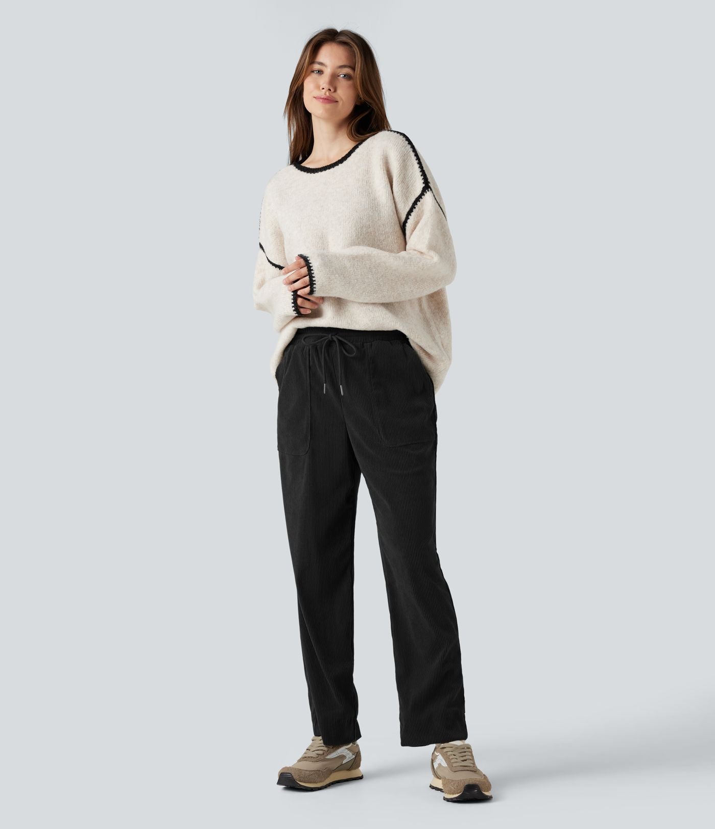 Pantalon décontracté fuselé en velours côtelé, taille mi-haute, cordon et poches