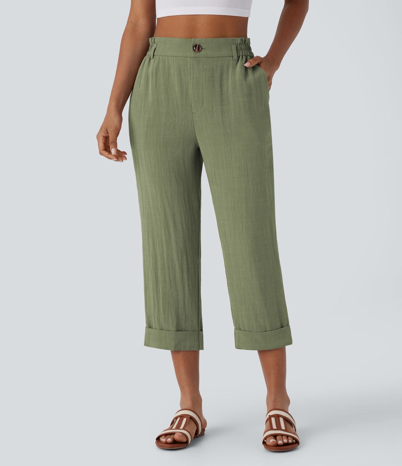 Pantalon capri effet lin taille haute avec poches zippées