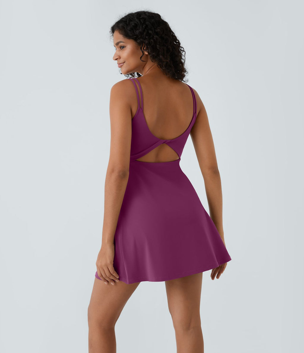 Robe de sport danse 2-pièces SoftlyZero™ Plush double bretelles caraco avec poche A-D