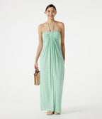 Robe maxi de plage à rayures col halter avec brassière intégrée, lien noué au dos et poches