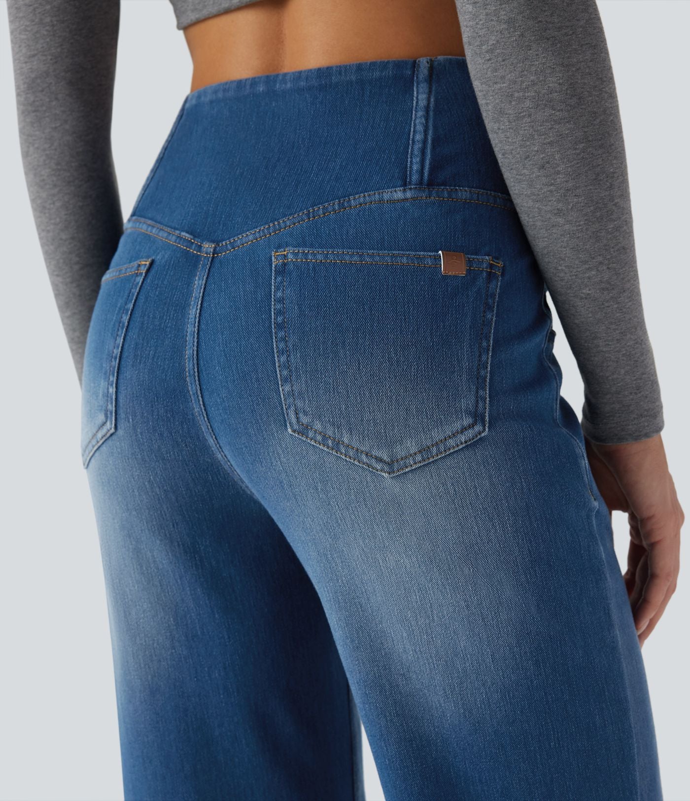 Jean droit décontracté croisé gainant taille haute avec poches Halara Flex™