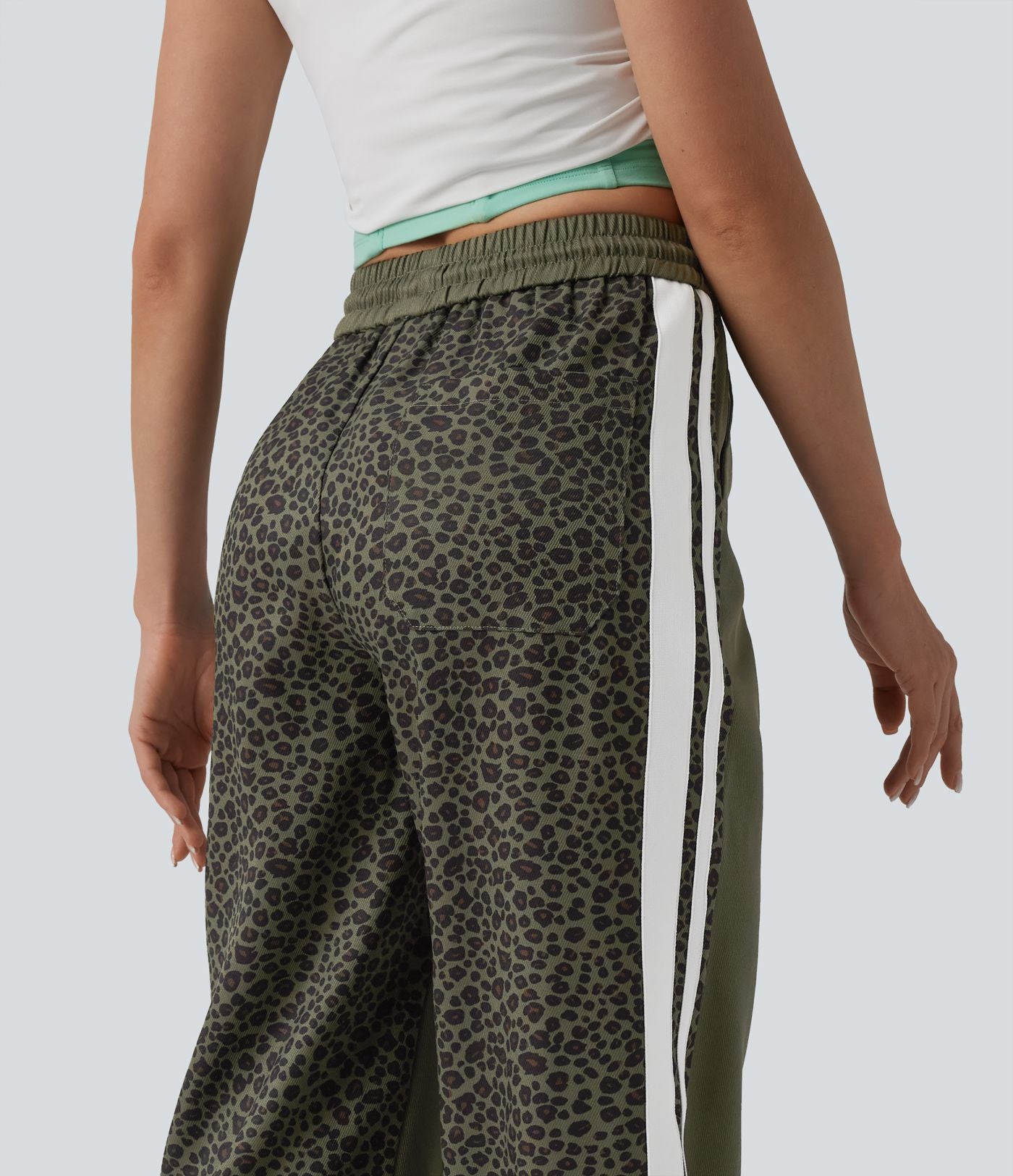 Pantalon ample décontracté taille mi-haute avec cordon de serrage color block rayures léopard contrastant avec poches