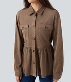 Veste-chemise décontractée effet daim manches longues à ourlet volants avec poches