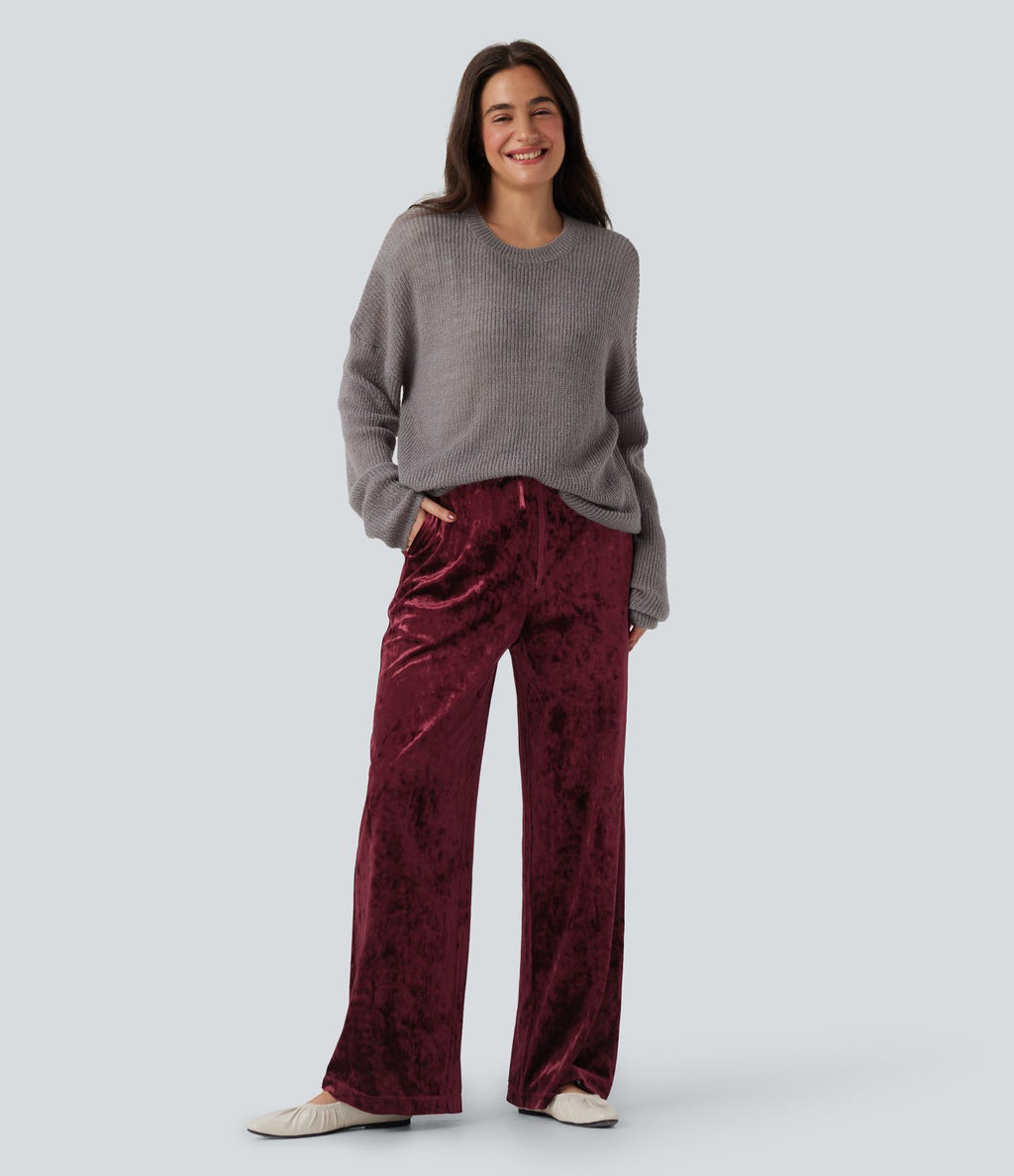 Pantalon large décontracté en velours taille haute avec cordon et poches