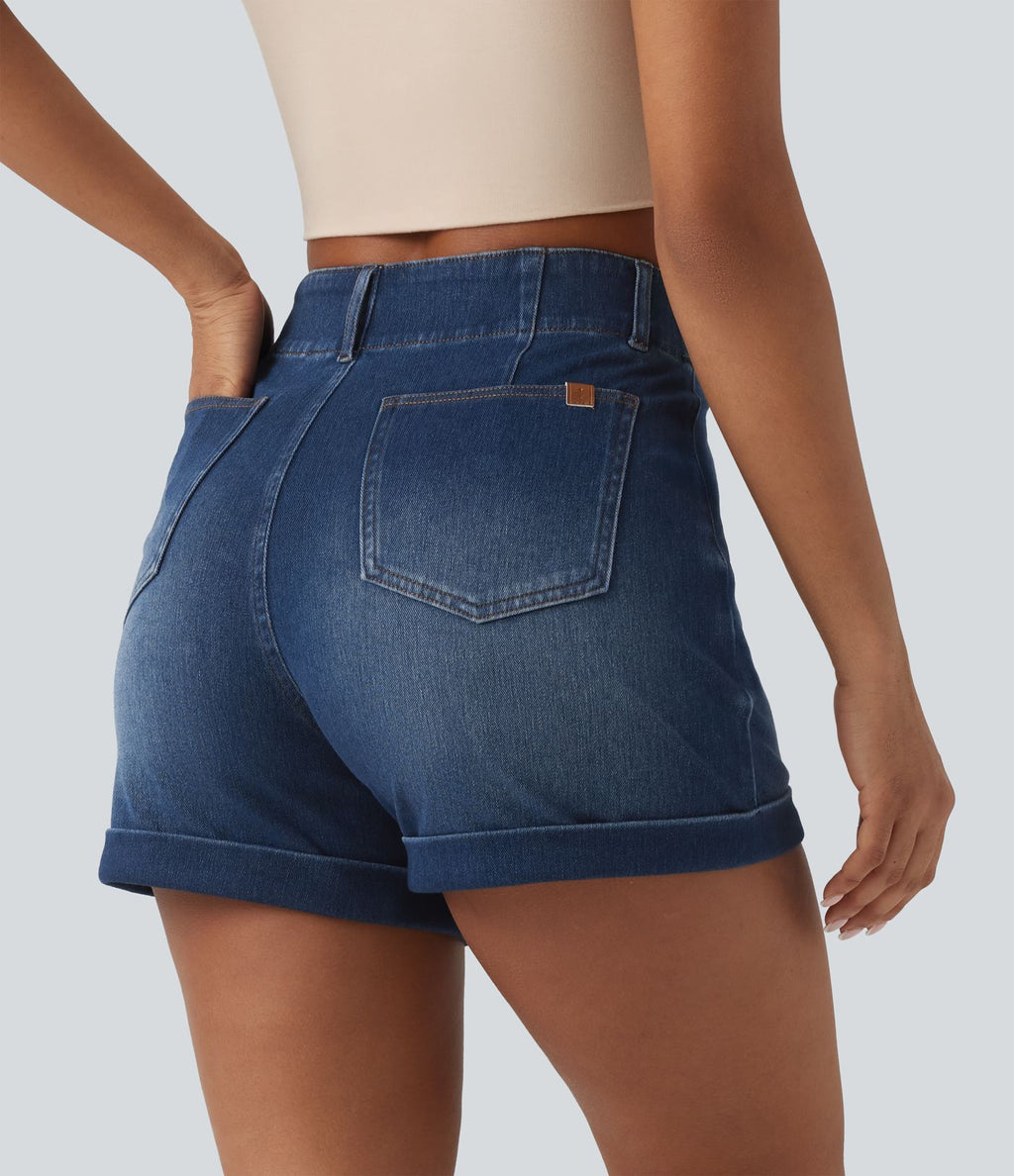 Halara Flex™ Short en jean casual taille haute ourlet roulé 10 cm avec poches