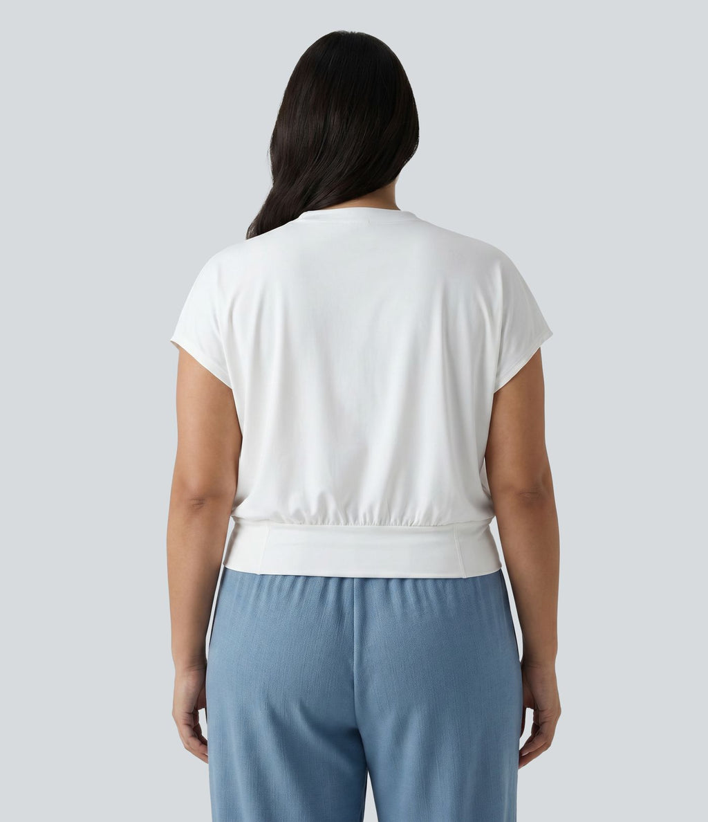 Haut de yoga grande taille oversize à col V, manches courtes, toucher frais et séchage rapide