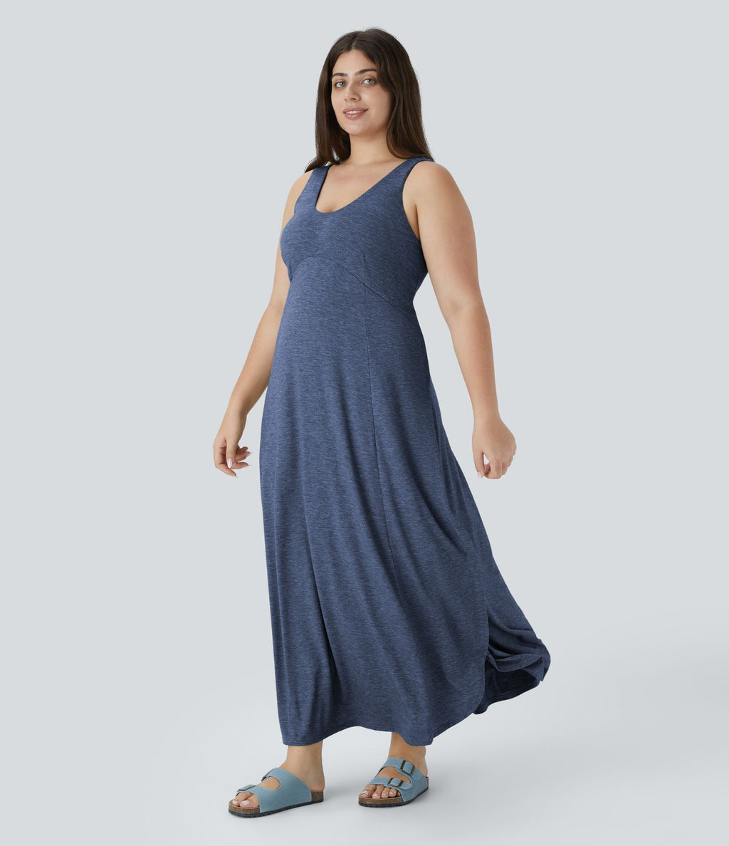 Robe Maxi Casual Grande Taille à Col U Sans Dos Fendue et Fluide