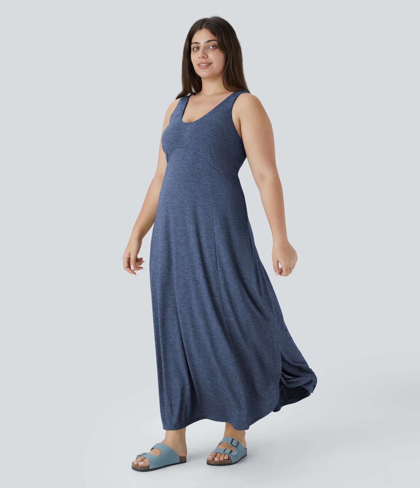 Robe Maxi Casual Grande Taille à Col U Sans Dos Fendue et Fluide