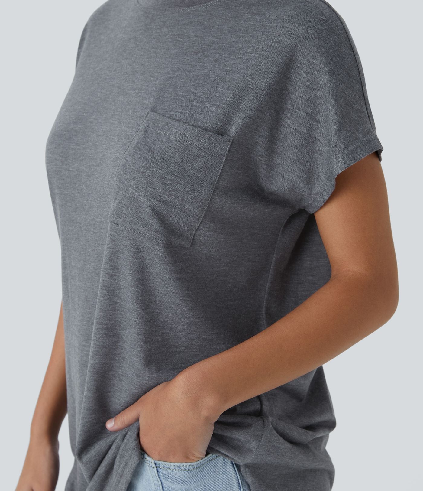 T-shirt Casual Relax à Col Rond Poche Poitrine Ourlet Fendu