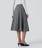 Jupe midi évasée à taille haute et poches latérales, motif pied-de-poule