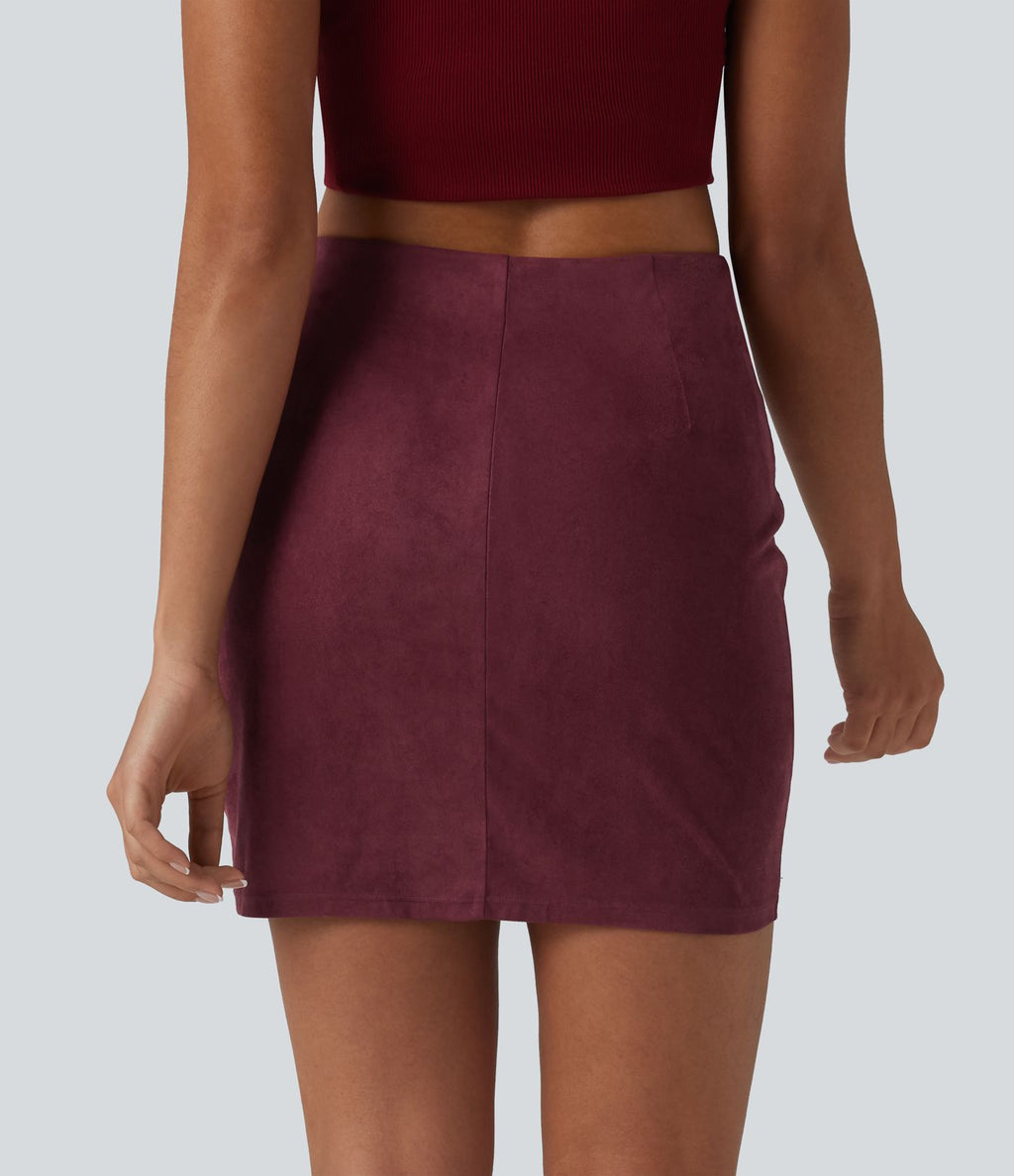 Jupe mini moulante décontractée taille haute en suédine, froncée, ourlet croisé, version plus longue