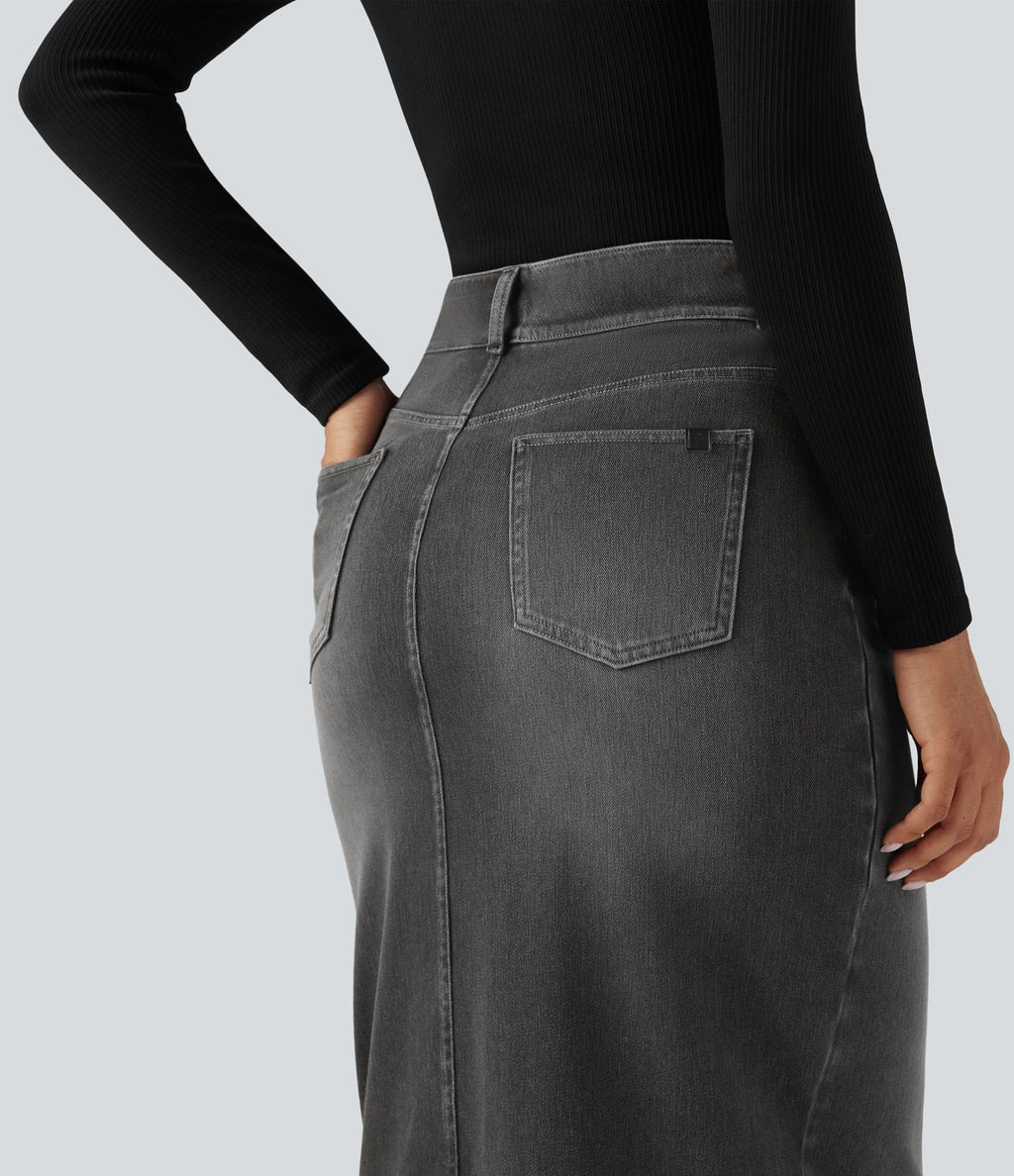 Halara Flex™ Jupe en Jean Casual Mi-Longue Délavé Extensible Plusieurs Poches Taille Haute