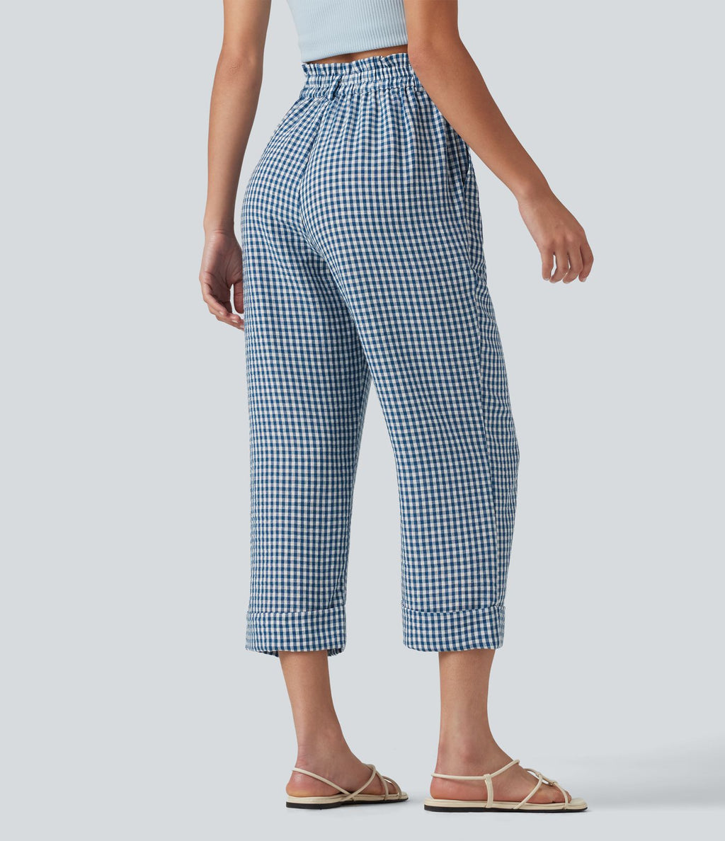 Pantalon 7/8 décontracté aspect lin à carreaux taille haute avec poches