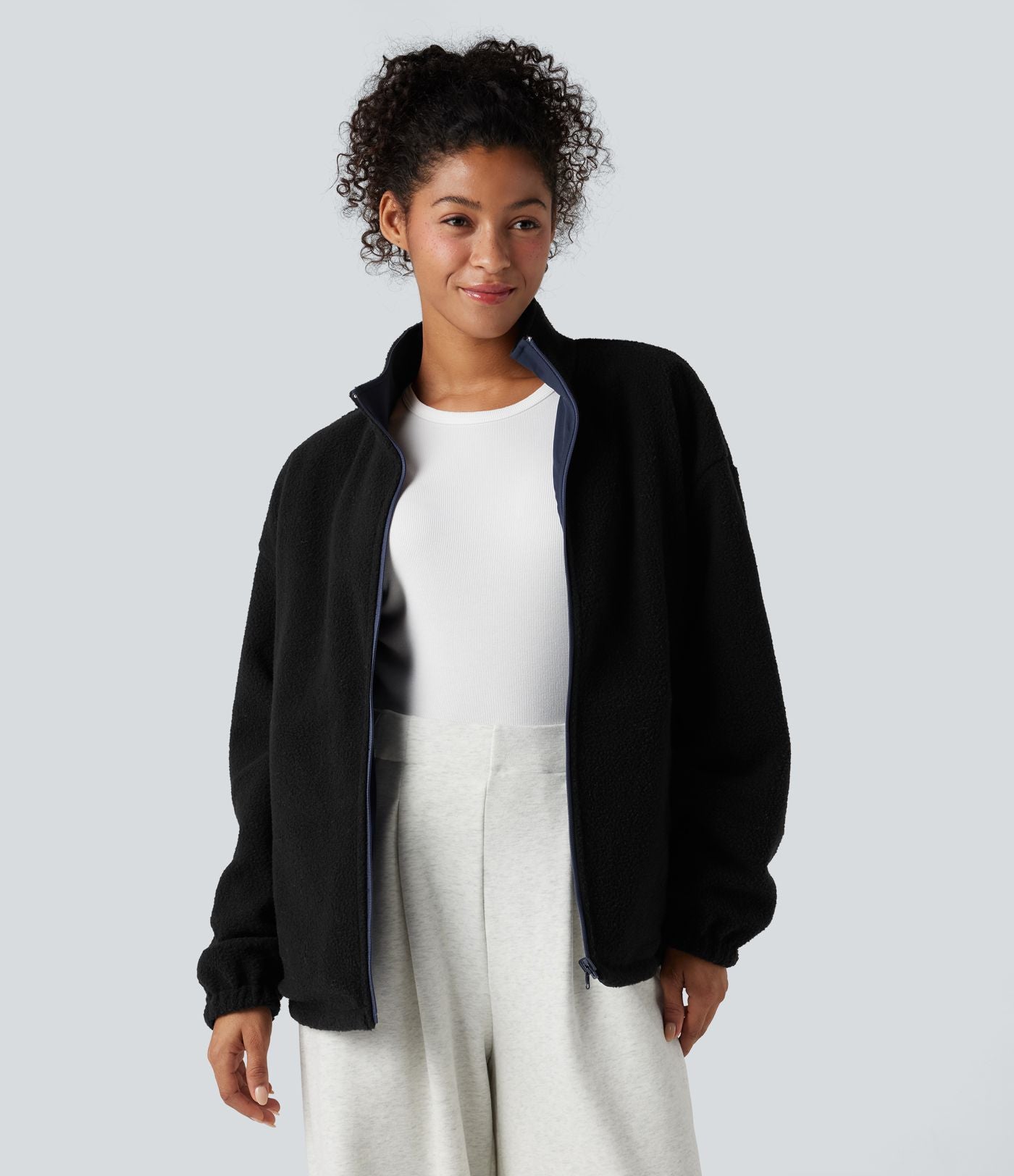 Veste polaire randonnée réversible col montant fermeture éclair manches longues avec poches (Deux looks en un)