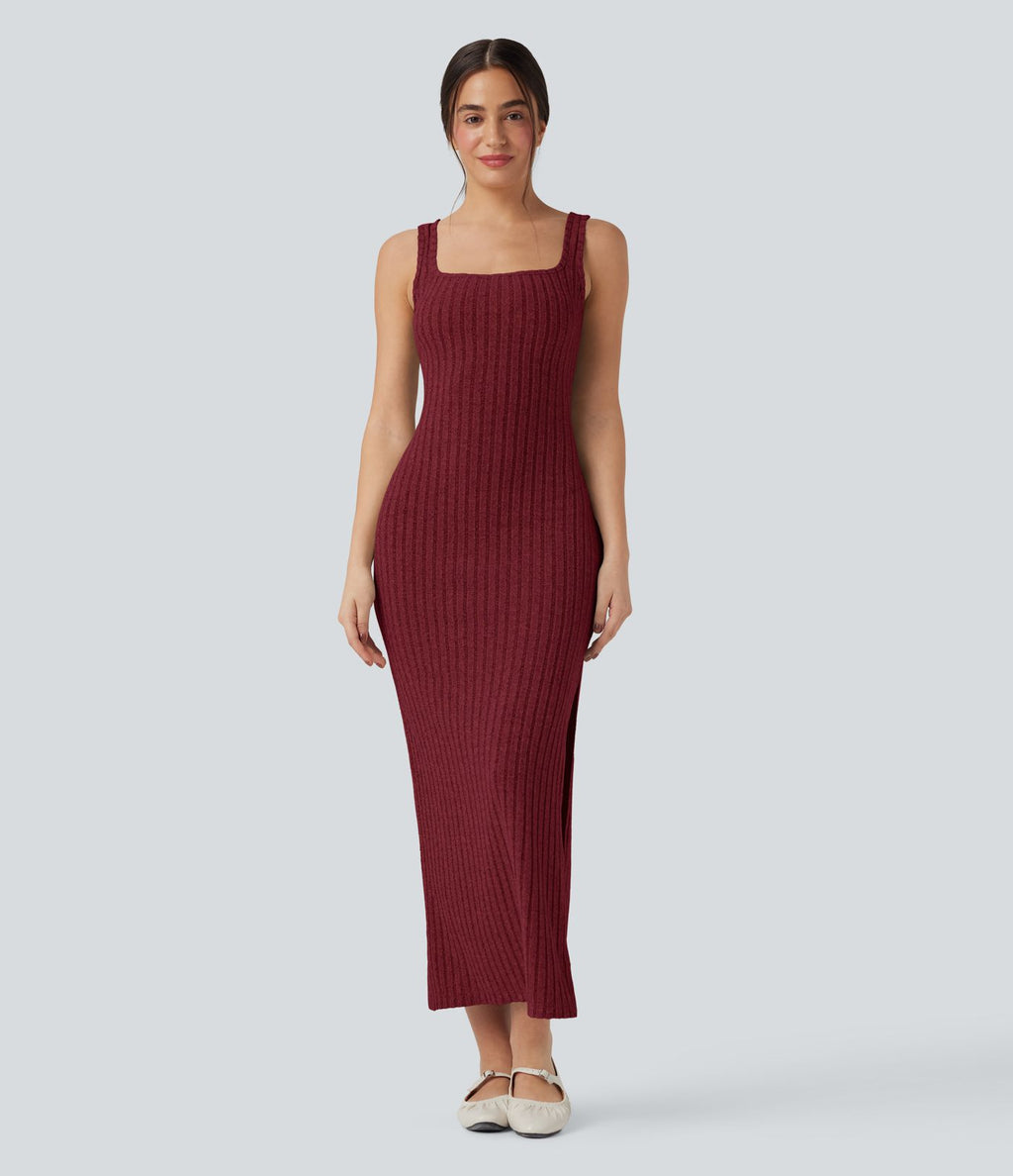 Robe longue moulante décontractée maille côtelée col carré sans manches dos torsadé avec fente