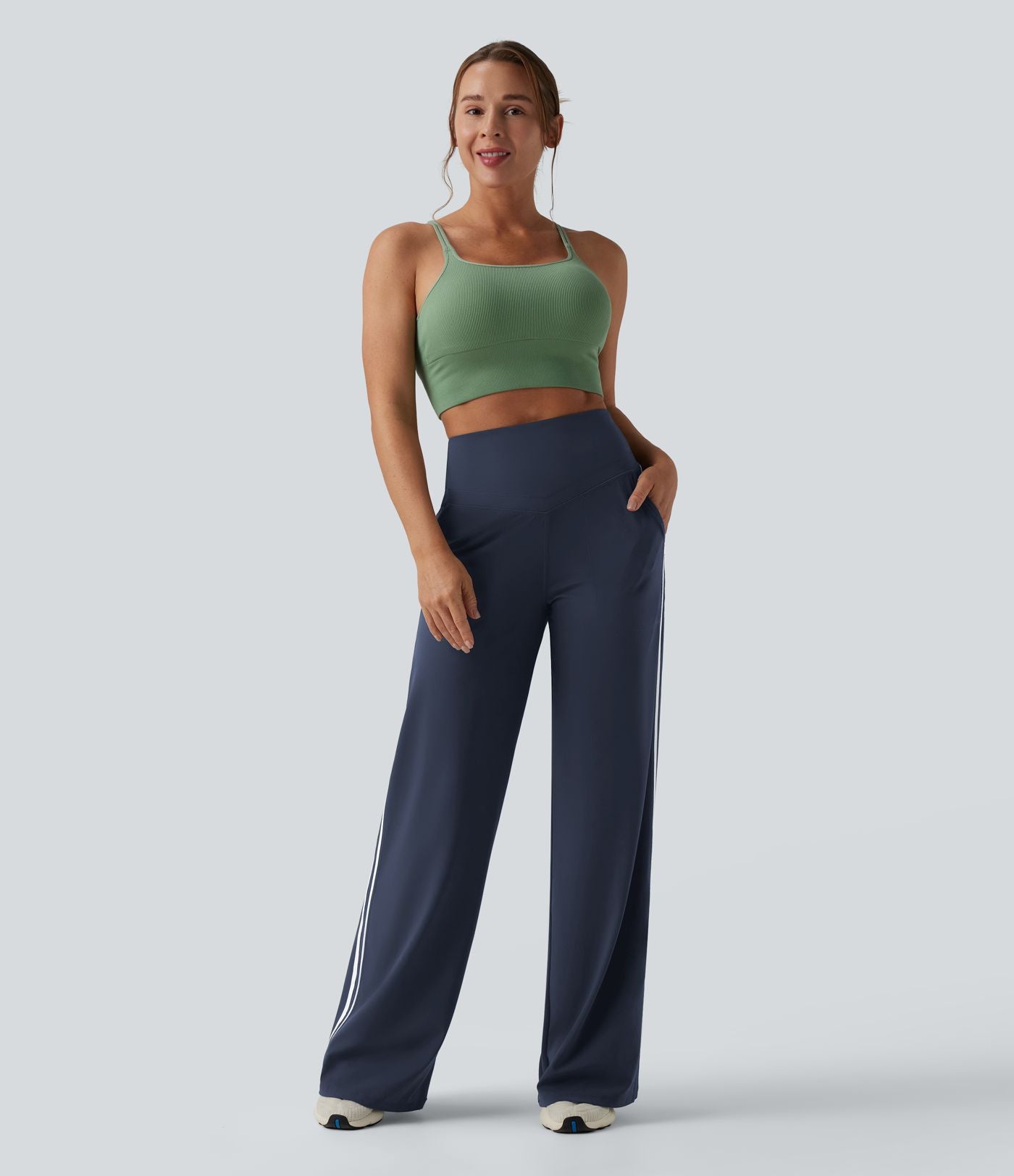 Pantalon ample yoga Halara UltraSculpt™ taille haute gainant à rayures color block avec poches