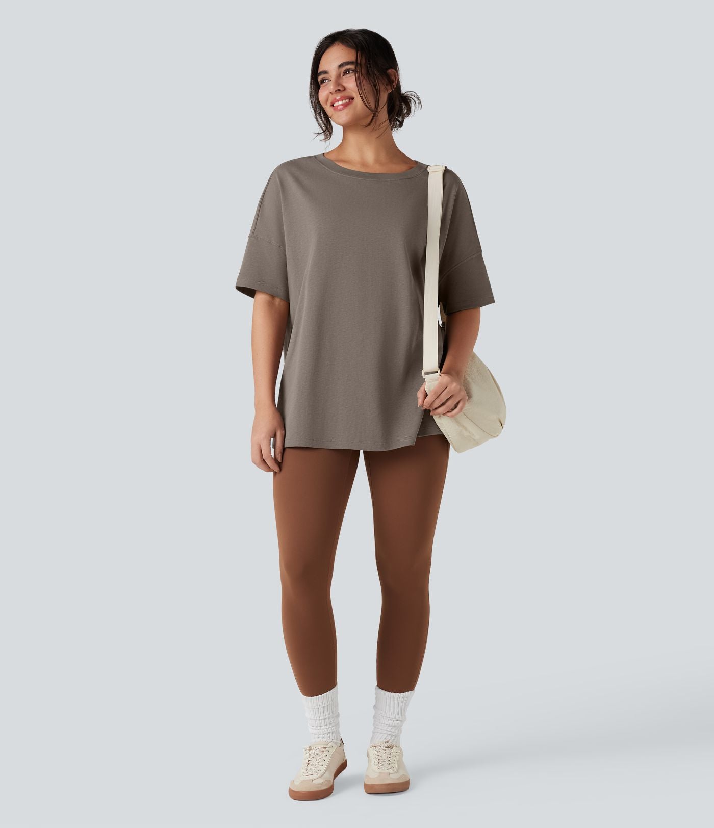 T-shirt coton oversize col rond manches mi-longues
