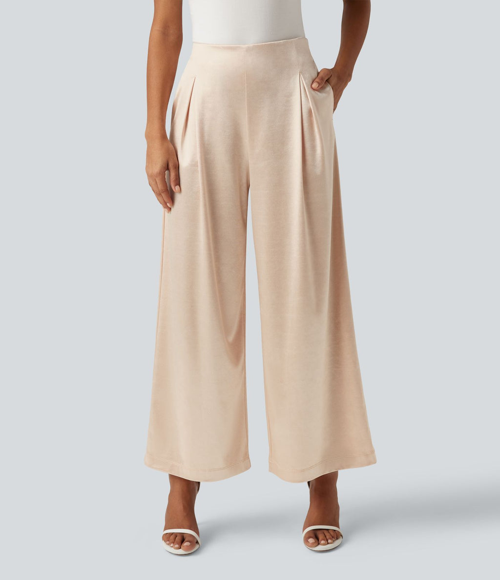 Pantalon habillé large taille haute en satin avec poches