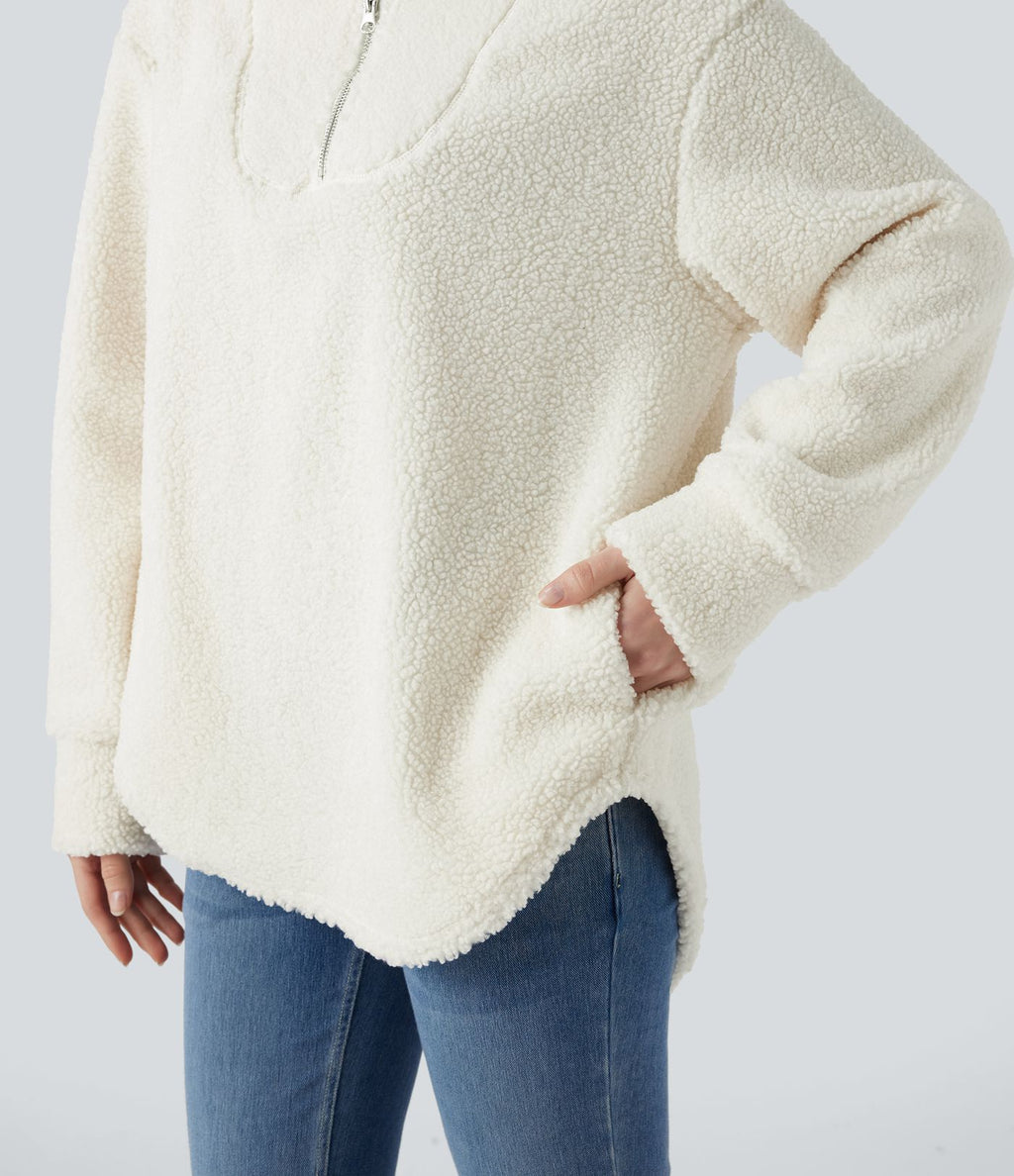 Sweat-shirt sherpa oversize à capuche et demi-zip avec ourlet arrondi et poches