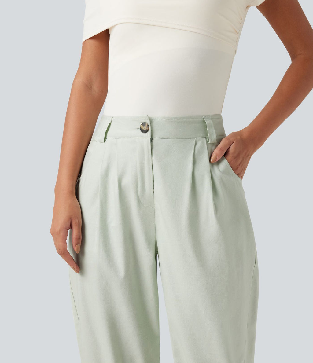 Pantalon jogging décontractée taille mi-haute en coton et lin avec poches