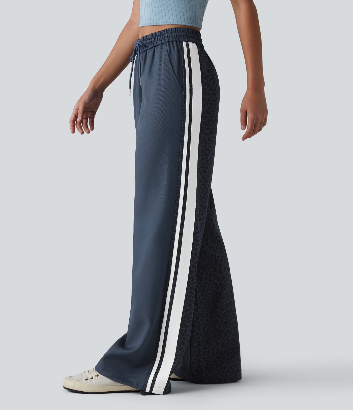 Pantalon ample décontracté taille mi-haute avec cordon de serrage color block rayures léopard contrastant avec poches