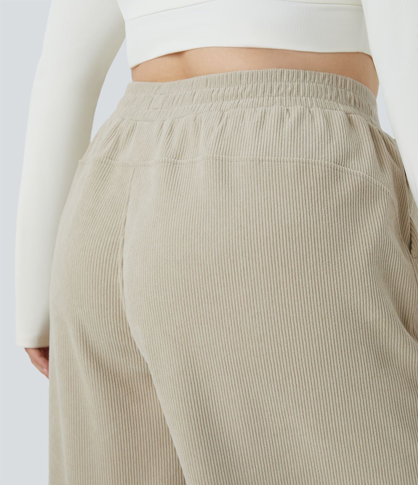 Pantalon décontracté grande taille en velours côtelé coupe droite taille haute avec poches latérales